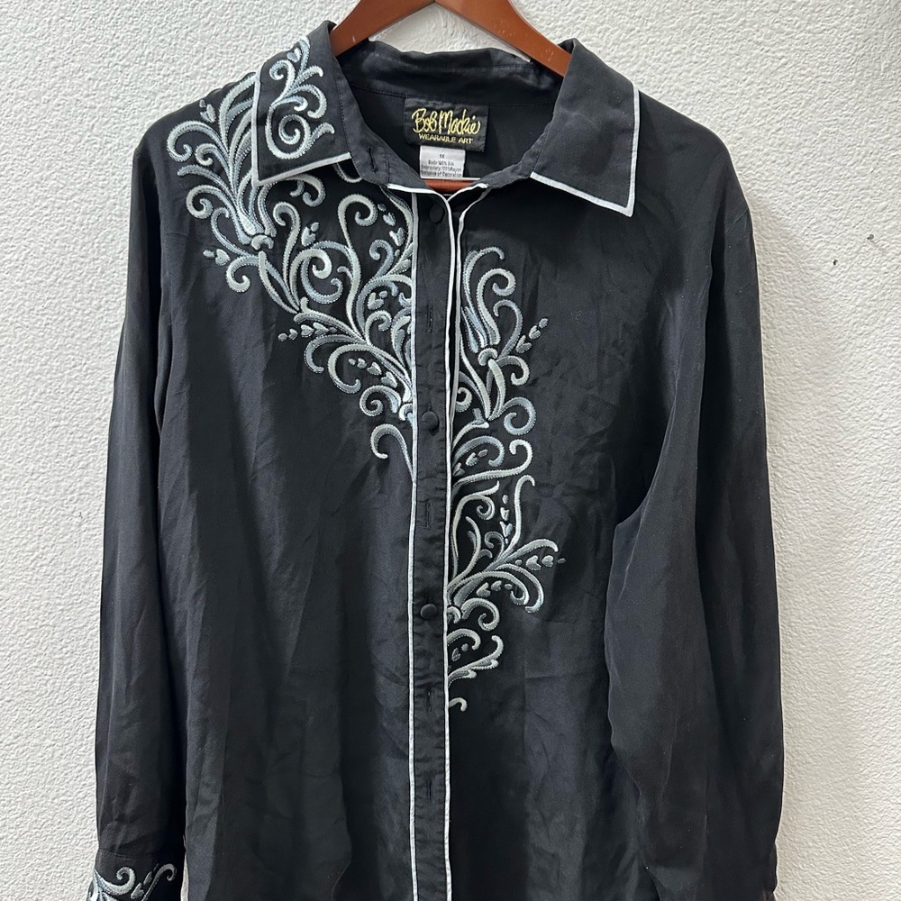 Vintage Bob Mackie Wearable Art 100% Silk Blouse 1X  Black & Embroidery